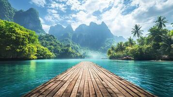 Picturesque Turquoise Ocean View with Wooden Path Leading to Lush Tropical Island Under Blue Sky with White Clouds photo