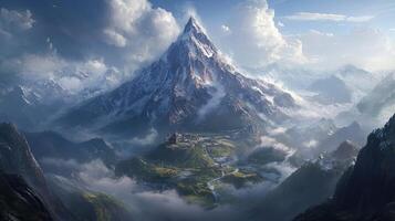 Snowy Mountain Peak with Blue Cloudy Sky and Small Village Surrounded by Green Forest photo
