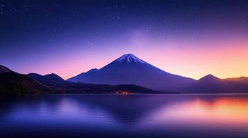 Pixelated Mountain Landscape with Starry Sky Reflection on Lake at Twilight Purple Hues Digital Rendering photo