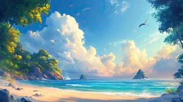Vivid Seascape with Turquoise Water Sandy Beach and Lush Green Vegetation Under a Cloudy Sky photo