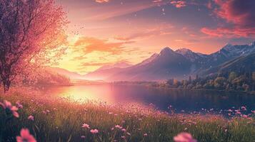 Scenic Sunset Landscape with Pink Blossoms Reflecting on Lake Surrounded by Majestic Mountains and Greenery photo