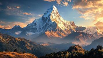 Snow Capped Mountain Peaks Under Golden Sky with Forested Foothills Illuminated by Sunlight in a Picturesque Landscape photo