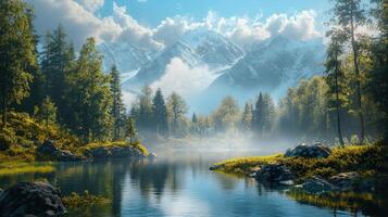 Serene Mountain Landscape with Calm Lake Reflection Surrounded by Green Forest on a Sunny Day with White Clouds photo