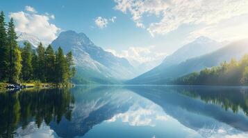 Scenic Lake Reflection of Snow Capped Mountains Under Bright Blue Sky With Dense Green Forest Landscape photo