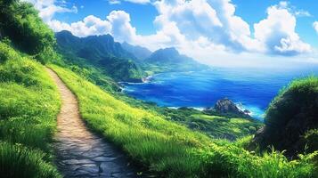 Scenic Coastal Path with Lush Green Vegetation Leading to Ocean View under Blue Sky photo