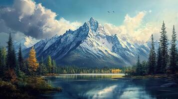 Snowy Mountain Peak Reflecting in Lake with Trees and Cloudy Sky Landscape in Winter photo