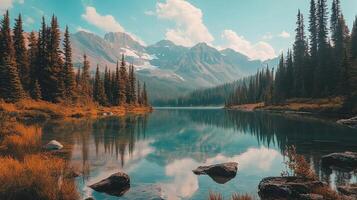 Picturesque Mountain Lake Reflecting Forest Landscape Under Cloudy Sky with Clear Water Surface and Rock Formations in Overcast Daylight photo