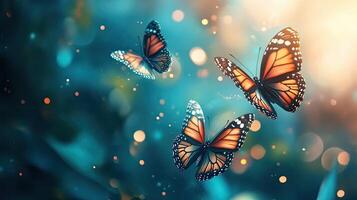 Three Orange Monarch Butterflies in Flight Against Blurred Turquoise Botanical Background with Bokeh Effect photo
