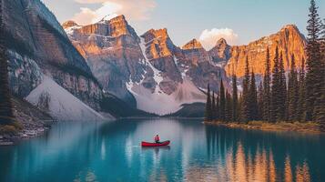 Turquoise Lake with Red Canoe Surrounded by Rocky Mountains and Forest Landscape photo