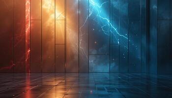 Abstract Lightning Storm Background with Red Orange and Blue Energy Lights on Wall Floor photo
