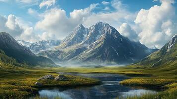 Scenic Mountain Landscape with Lush Green Valley and Reflective Lake Under a Blue Sky with Fluffy Clouds photo