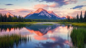 Pastel Sunrise Over Mountain Lake with Forest Reflections in Tranquil Wilderness Setting photo