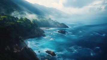 Lush Island Coastline with Turquoise Waters and Misty Sky in Tropical Paradise with Rocky Shores on Sunny Day photo