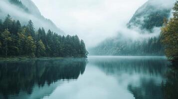 Serene Mountain Lake Vista with Mist and Lush Forest Reflections in Teal and Green Hue Under Overcast Sky photo