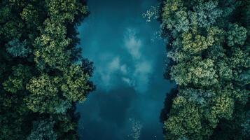 Aerial View of a Tranquil Forest Pond Surrounded by Lush Green Trees in Daylight photo