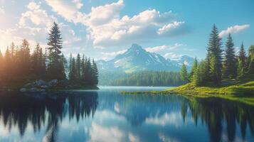 Picturesque Lake Surrounded by Lush Green Trees with Majestic Mountains Under a Partly Cloudy Sky in a Pixelated Digital Art Style photo