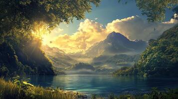 Scenic Mountain Lake Landscape at Sunset with Lush Green Forest and Dramatic Sky photo