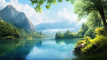 Scenic Lake Surrounded by Mountains and Green Forest in a Tranquil Landscape with Blue Sky and Water Reflections photo
