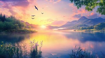 Scenic Lake View with Sunset Reflections on Water Mountain Backdrop with Lush Green Forest and Colorful Sky Warm Light photo