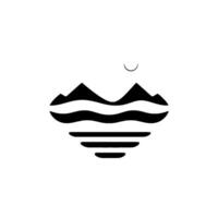 Minimalist black and white of mountains reflected in water under a crescent moon, clean and serene. vector