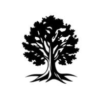 Silhouette of a majestic oak tree with intricate foliage, prominent roots, and a stark black and white contrast, symbolizing natures resilience. vector