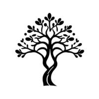 Minimalist black and white tree with intertwined trunk, abstract leaves, and a clean, flat against a white background. vector