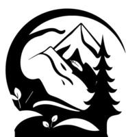 Black and white stylized mountain scene within a circle, featuring peaks, a conifer, and foliage elements, evoking nature and minimalist . vector