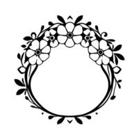 Elegant black and white floral wreath frame with stylized flowers, leaves, and empty circle center for text or . vector