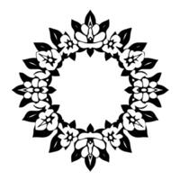 Circular black and white floral wreath with detailed flowers and leaves, creating a symmetrical, decorative pattern on a stark white background, evoking simplicity. vector