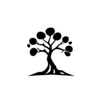 A stylized black tree silhouette with circular foliage against a stark white background, evoking minimalist nature. vector