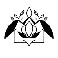 Minimalist black and white floral geometric featuring a stylized flower and leaves within a square frame, evoking nature and elegance. vector