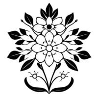 Symmetrical floral in black and white, featuring stylized blossoms, leaves, and ornate stems, creating a balanced and elegant visual pattern. vector