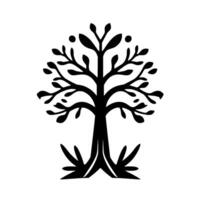 Stylized Black Silhouette of a Tree with Leaves and Dots, Isolated on White Background, Simple and Decorative. vector