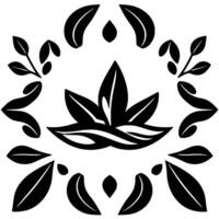 Symmetrical black floral with leaves, petals, and sprigs, centered on a white background, evoking elegance and simplicity. vector