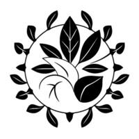 A stylized, symmetrical featuring a central cluster of bold, black leaves enclosed within a ring of smaller, leaflike shapes on a bright white background, creating a minimalist, natural motif. vector