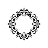 Symmetrical Black Floral Frame with Decorative Leaf and Scroll Motifs, Centering a White Circular Space, Set on a White Background. vector