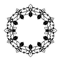 Ornate Black and White Floral Wreath A Circular Arrangement of Stylized Blossoms, Leaves, and Delicate Lines, Creating an Elegant Frame. vector