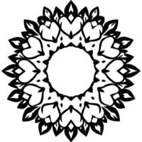 Intricate black and white circular floral mandala , symmetrical arrangement of heart and leaf shapes, centered empty space. vector
