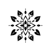 Intricate symmetric black floral mandala pattern with stylized leaves and teardrop details, centered on white background. vector