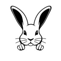 A charming, minimalist blackandwhite illustration of a bunny peering out from a white background, featuring large ears, expressive eyes, and a friendly pose. vector