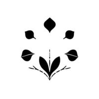 Symmetrical black botanical illustration featuring a stylized central flowerlike form with surrounding leaves and dotted lines, set against a white backdrop. vector