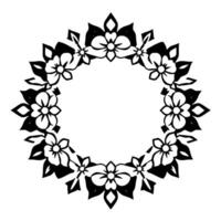 Intricate black and white floral wreath , featuring stylized flowers, leaves, and symmetrical arrangement, perfect for framing. vector