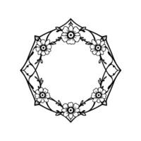 Intricate Black White Octagonal Floral Frame, featuring symmetrical flower and leaf arrangements on an outlined geometric structure. vector