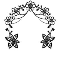 Delicate black and white floral arch, comprised of stylized flowers and leaves arranged in a symmetrical decorative . vector