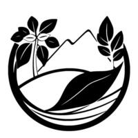 Black and White minimalist a mountain landscape enclosed in a circle, with stylized leaves and a tree. vector