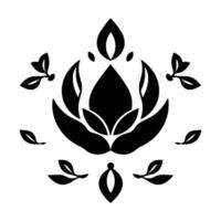 Black and White Floral Emblem with surrounding Leaves and Buds, Symmetrical Arrangement on White Background. vector