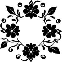 Circular Black and White Floral Motif with Four Flowers, Leaves, and Swirls on a White Background. vector