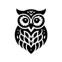 Decorative black and white owl illustration with geometric patterns, designed in a symmetrical and stylized form, on a white background. vector