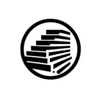 Abstract black and white architectural a stylized building within a circle, cast shadow below, against white backdrop. vector