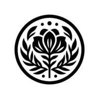 Bold Black and White Circular Floral Emblem Featuring a Stylized Blossom, Leaves, and Delicate Dots, Creating a Symmetrical and Elegant . vector